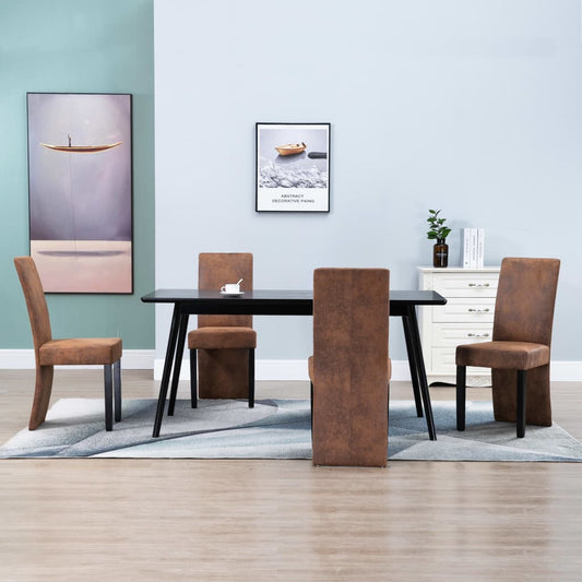 Dining Chair Set of 4 Brown Faux suede leather and solid wood