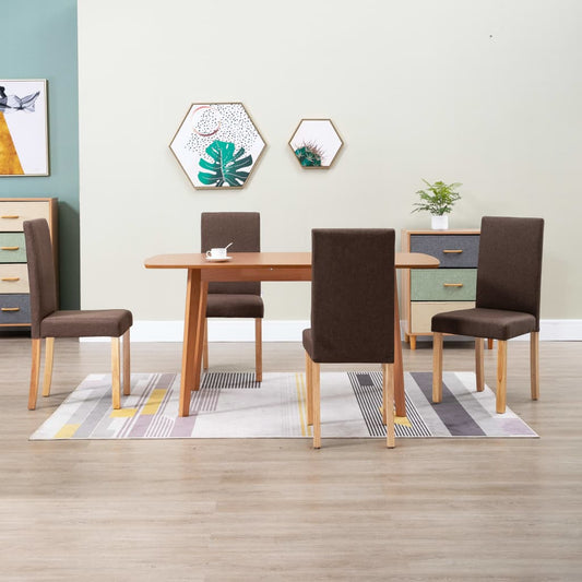 Dining Chair Set of 4 Brown Fabric and Solid Rubber Wood Medium