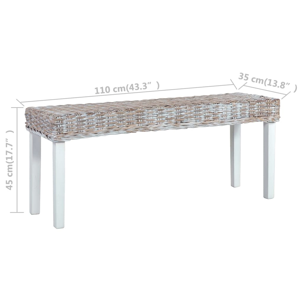 Bench White Kubu rattan, Solid mango wood 43.3 in Durable Bench
