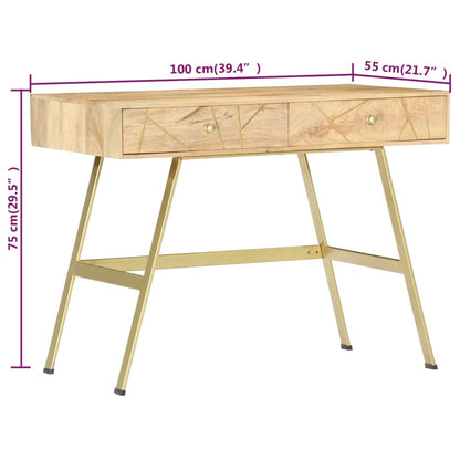 Writing Desk Natural with Brass Solid Mango Wood and Steel