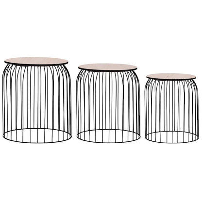 Coffee Table Set of 3 Black Metal, MDF Set of 3 Stackable
