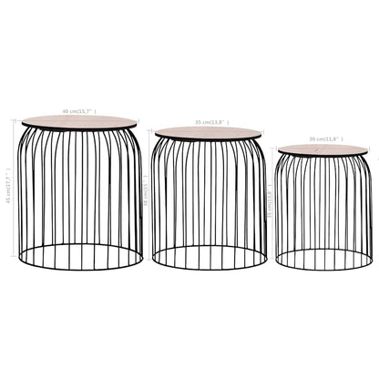 Coffee Table Set of 3 Black Metal, MDF Set of 3 Stackable