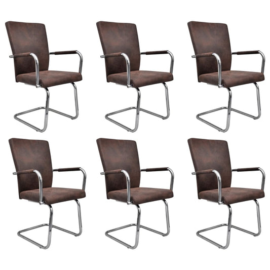 Dining Chair Set of 6 Brown Faux suede leather Standard