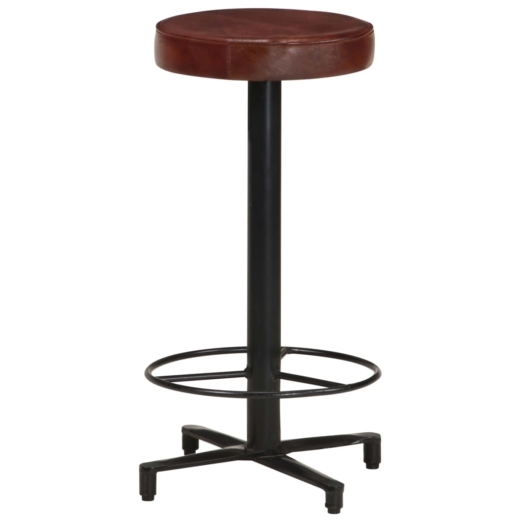 Bar Stool Set of 2 Brown, Black Real Leather, Powder-Coated Iron