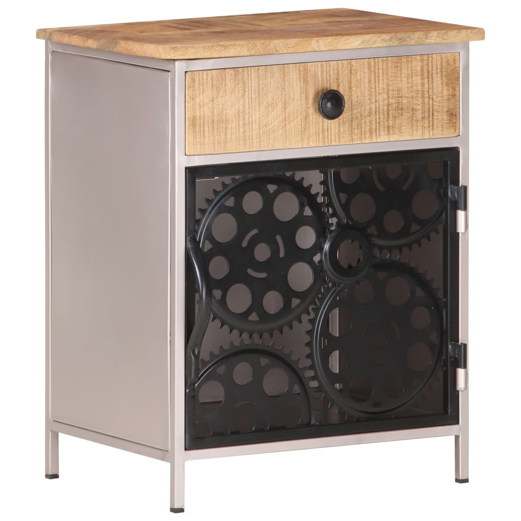 Bedside Cabinet Rough mango wood with natural finish, silver iron