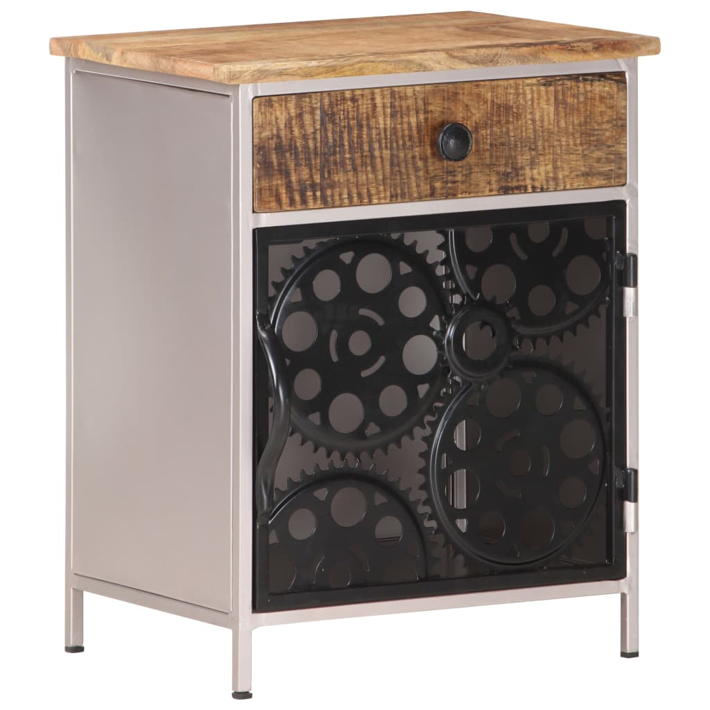 Bedside Cabinet Rough mango wood with natural finish, silver iron