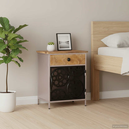 Bedside Cabinet Rough mango wood with natural finish, silver iron