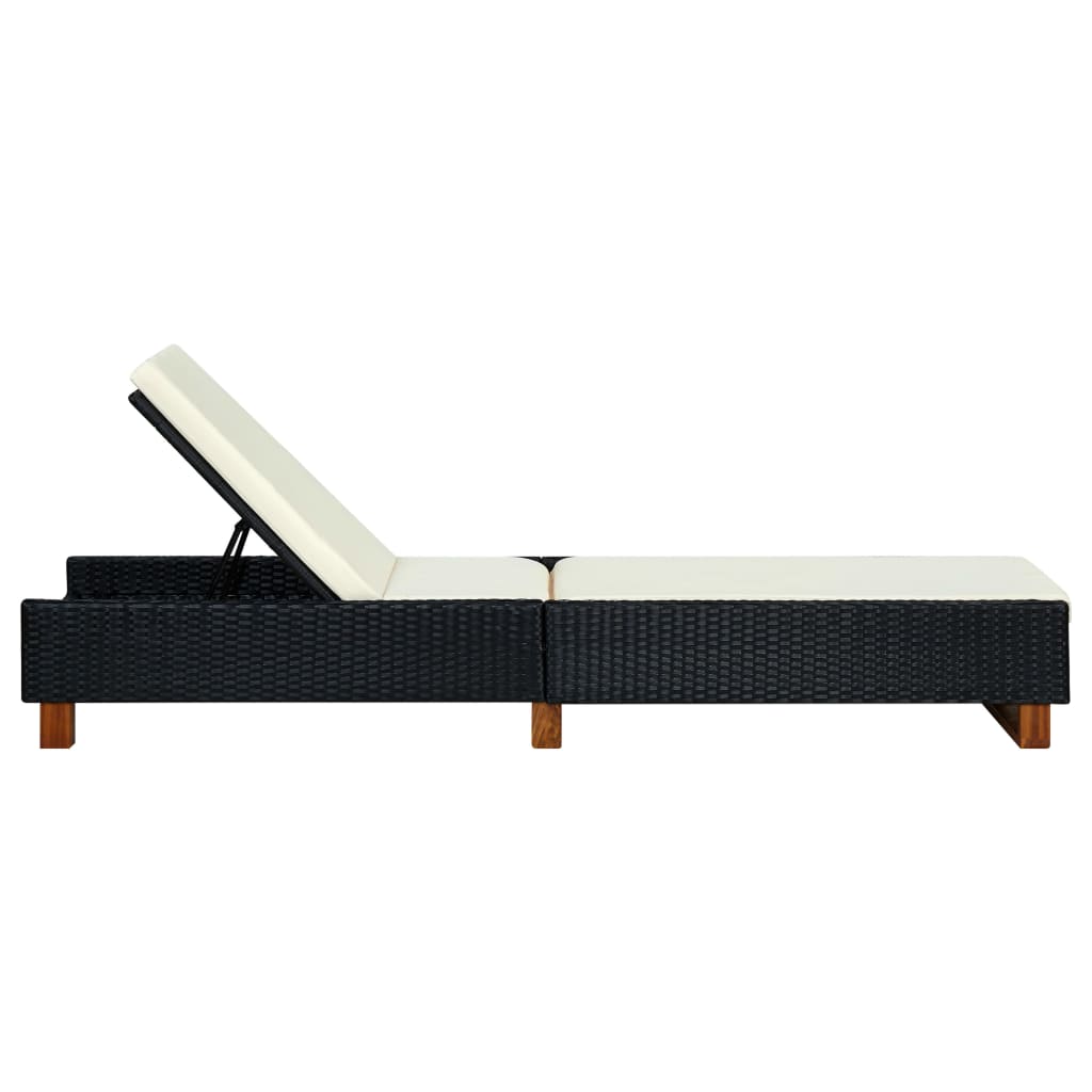 Sunbed with Cushion Poly Rattan Black