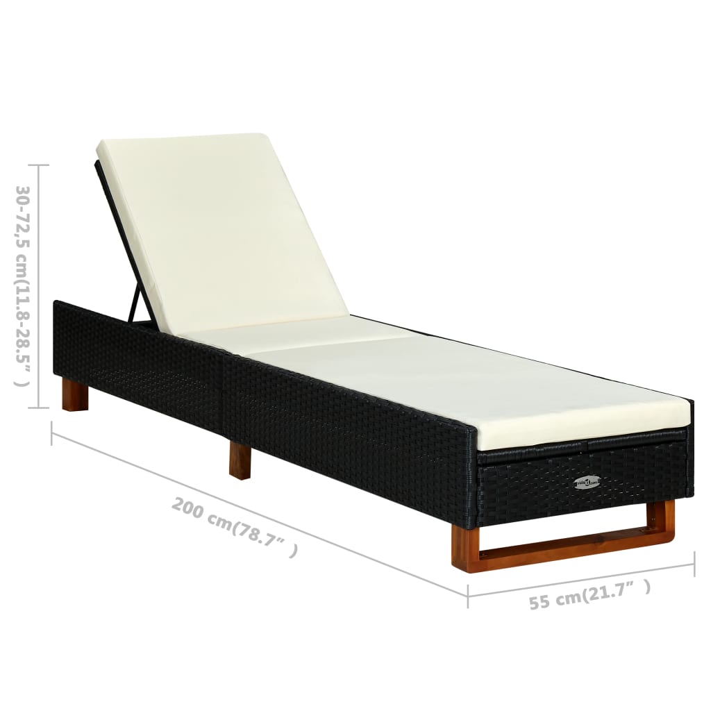 Sunbed with Cushion Poly Rattan Black