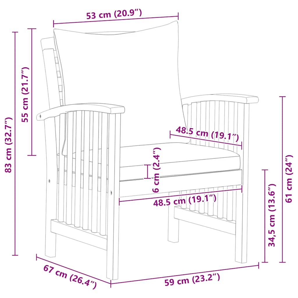 Garden Chair Set of 2 Cream White (Cushions) Solid Acacia wood