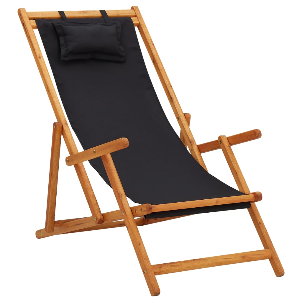 Beach Chair Black Solid eucalyptus wood Standard Foldable