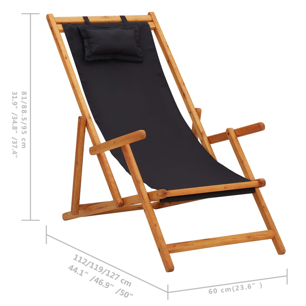 Beach Chair Black Solid eucalyptus wood Standard Foldable