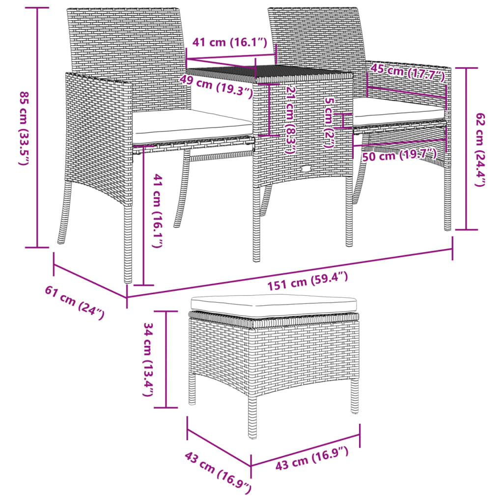 Patio Sofa Set Grey PE rattan 2 Seater Removable Covers