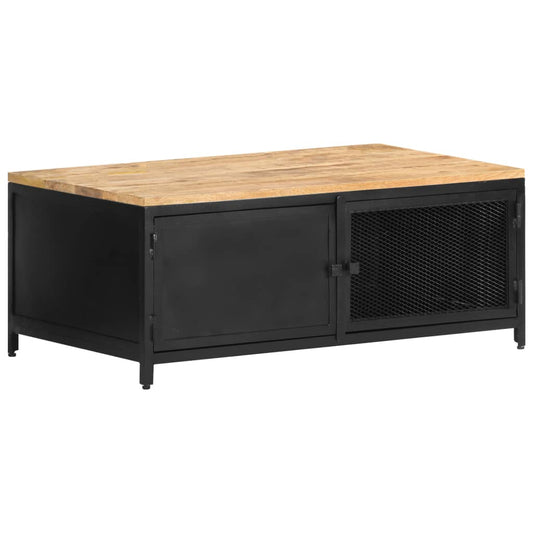 Coffee Table Black, Natural Wood Solid Mango Wood, Powder-Coated Iron