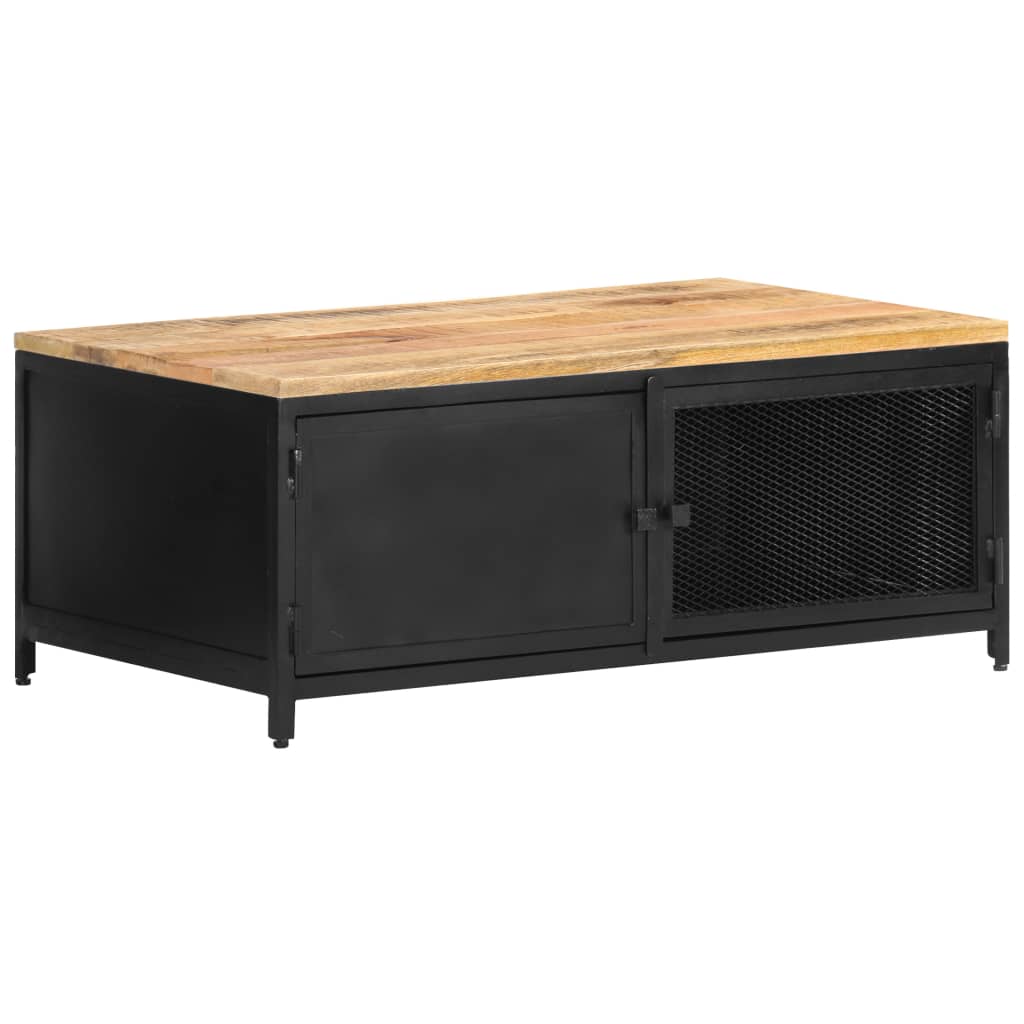 Coffee Table Black, Natural Wood Solid Mango Wood, Powder-Coated Iron