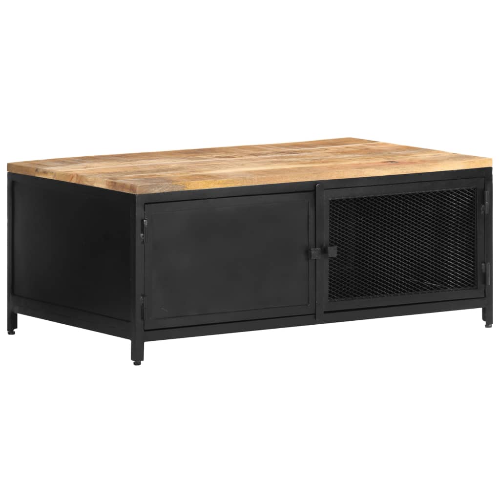 Coffee Table Black, Natural Wood Solid Mango Wood, Powder-Coated Iron