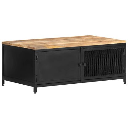 Coffee Table Black, Natural Wood Solid Mango Wood, Powder-Coated Iron