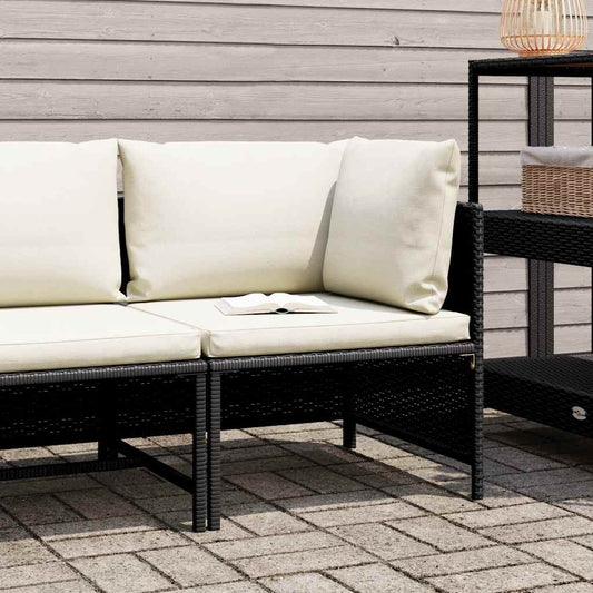 Corner Sofa Black PE rattan, powder-coated steel, fabric polyester