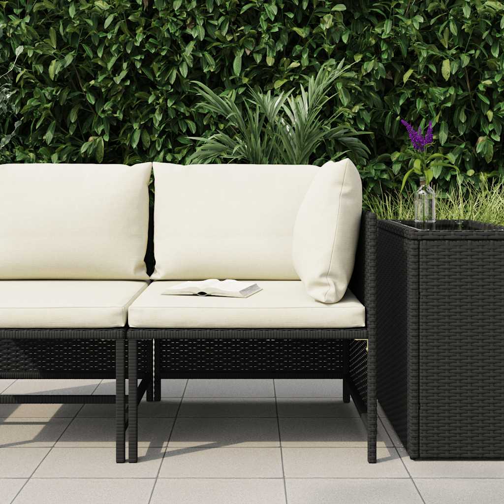 Corner Sofa Black PE rattan, powder-coated steel, fabric polyester