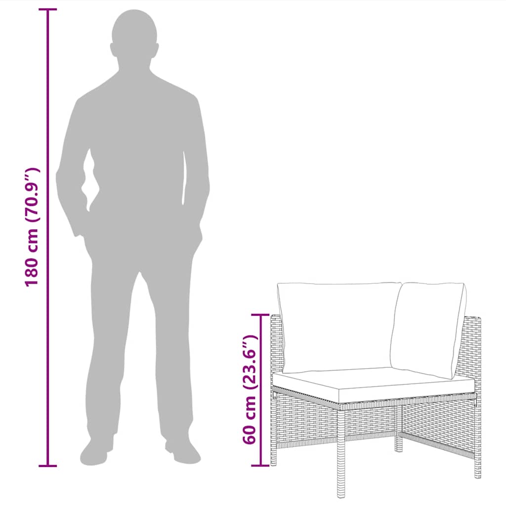 Corner Sofa Black PE rattan, powder-coated steel, fabric polyester