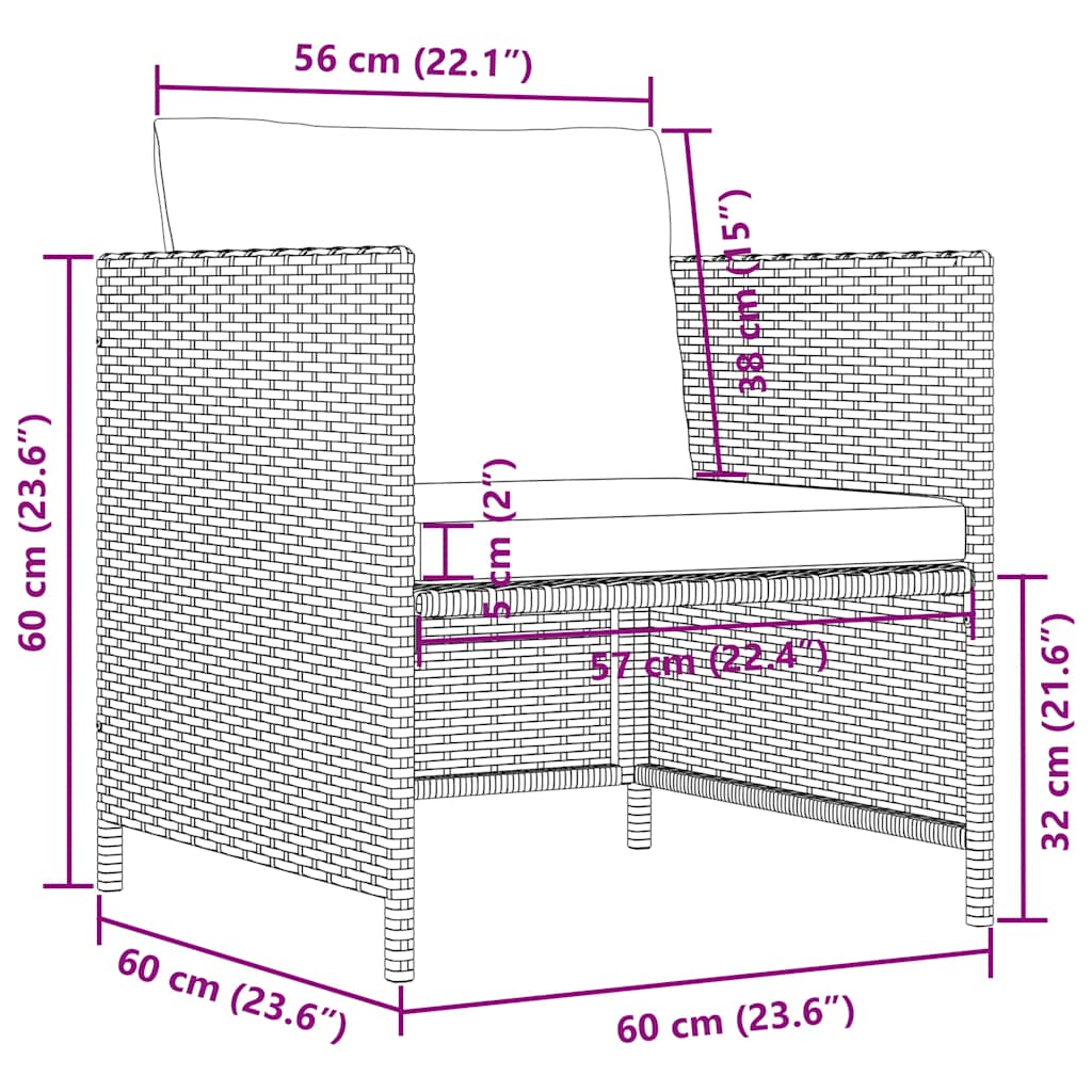Garden Sofa Black PE Rattan, steel, polyester 23.6 x 23.6 x 23.6 in