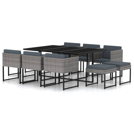 Garden Dining Set Grey Poly Rattan, Tempered Glass, Steel 10-Person