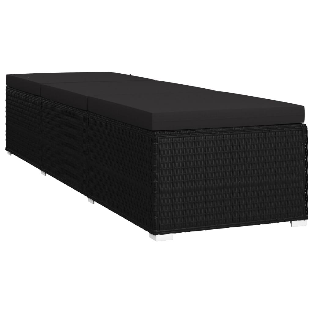 Sun Lounger Black Poly Rattan, Powder-Coated Steel, Polyester Large