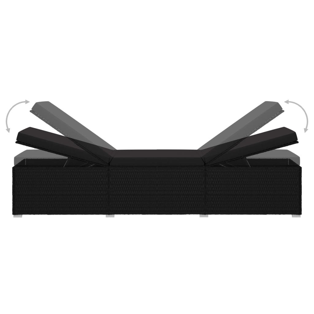 Sun Lounger Black Poly Rattan, Powder-Coated Steel, Polyester Large