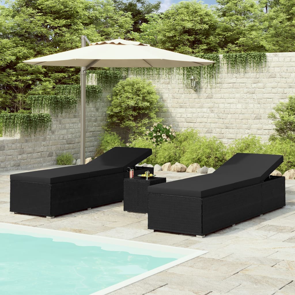 Sun Lounger Black Poly Rattan, Powder-Coated Steel, Polyester Large