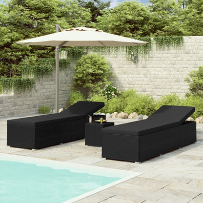 Sun Lounger Black Poly Rattan, Powder-Coated Steel, Polyester Large