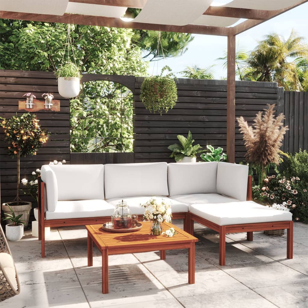 Garden Lounge Set Cream White Solid Acacia Wood 5 Piece Set