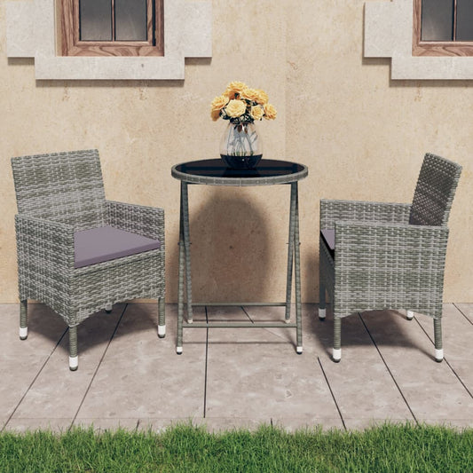 Bistro Set Grey Poly Rattan and Tempered Glass Small Foldable
