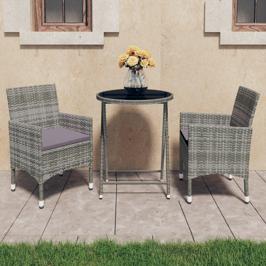 Bistro Set Grey Poly Rattan and Tempered Glass Small Foldable