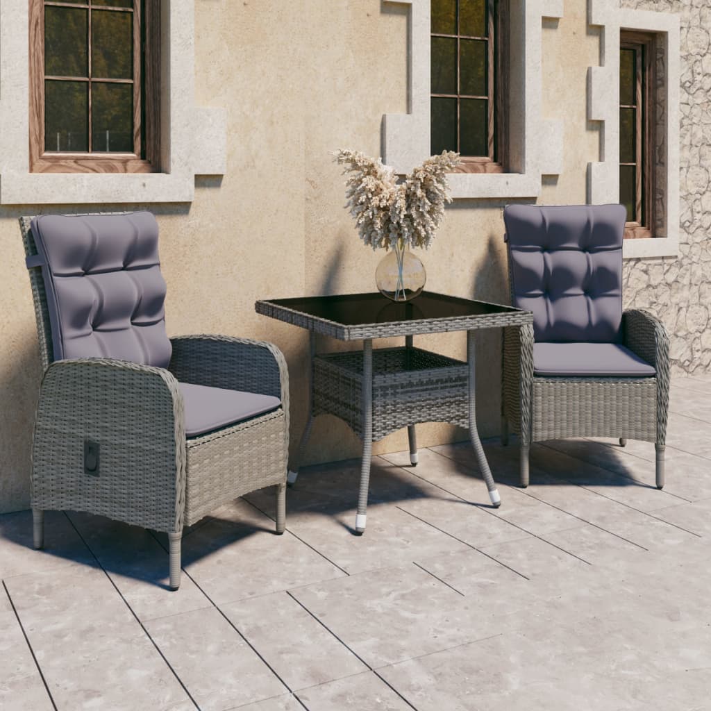 Garden Dining Set Grey Poly rattan, steel, glass, polyester 3-Piece