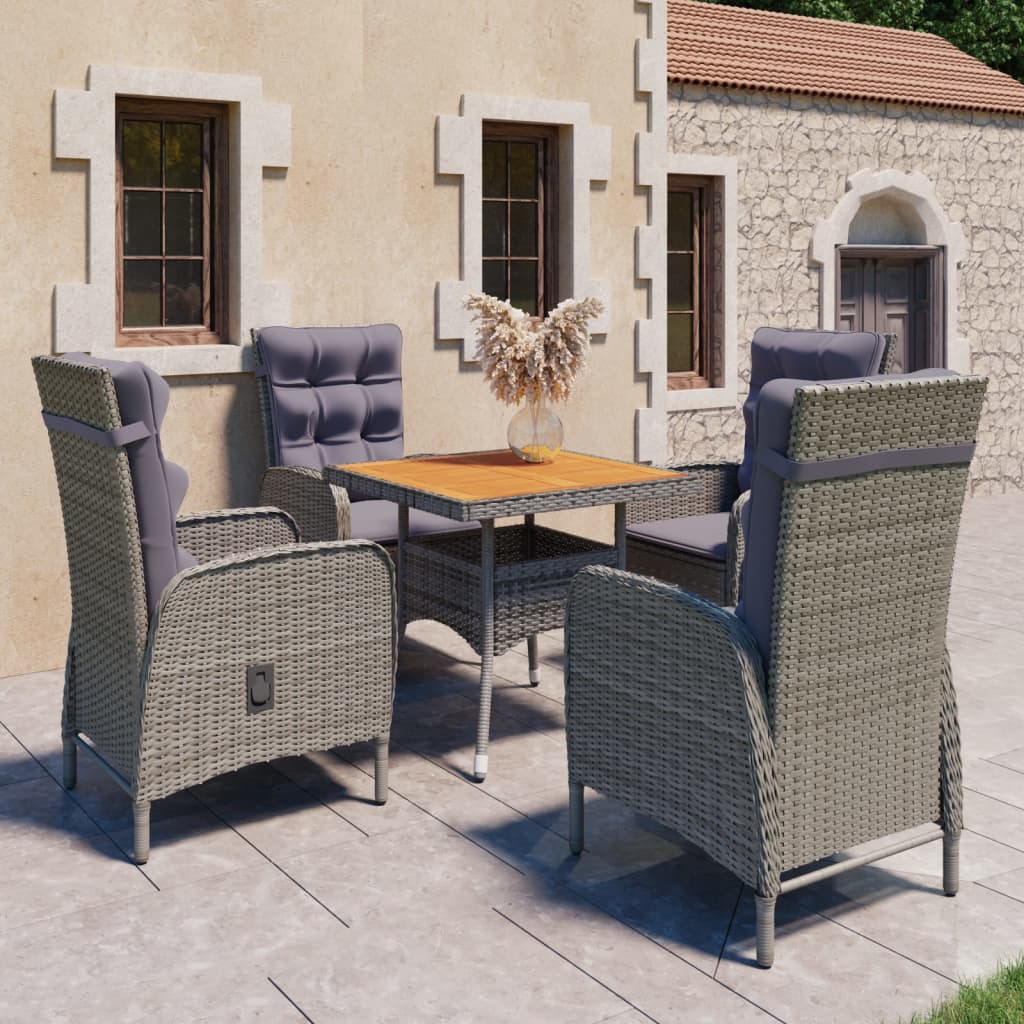 Garden Dining Set Grey Poly rattan, steel, acacia wood, fabric