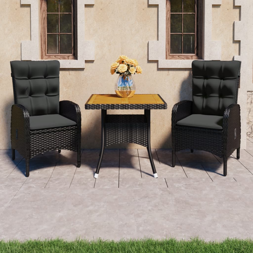 Garden Dining Set Black Poly rattan, steel, acacia wood, polyester