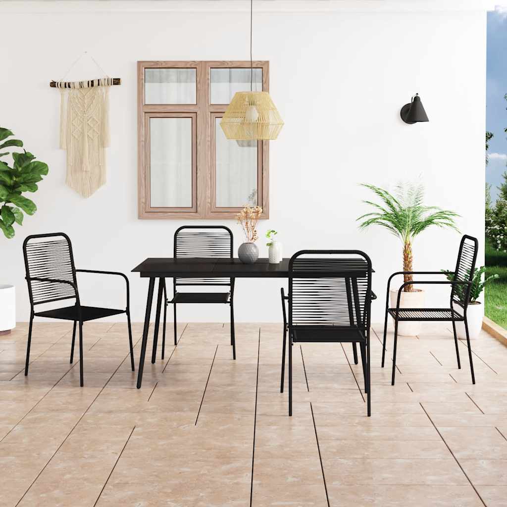 Dining Set Black Cotton Rope, Powder-Coated Steel, Tempered Glass