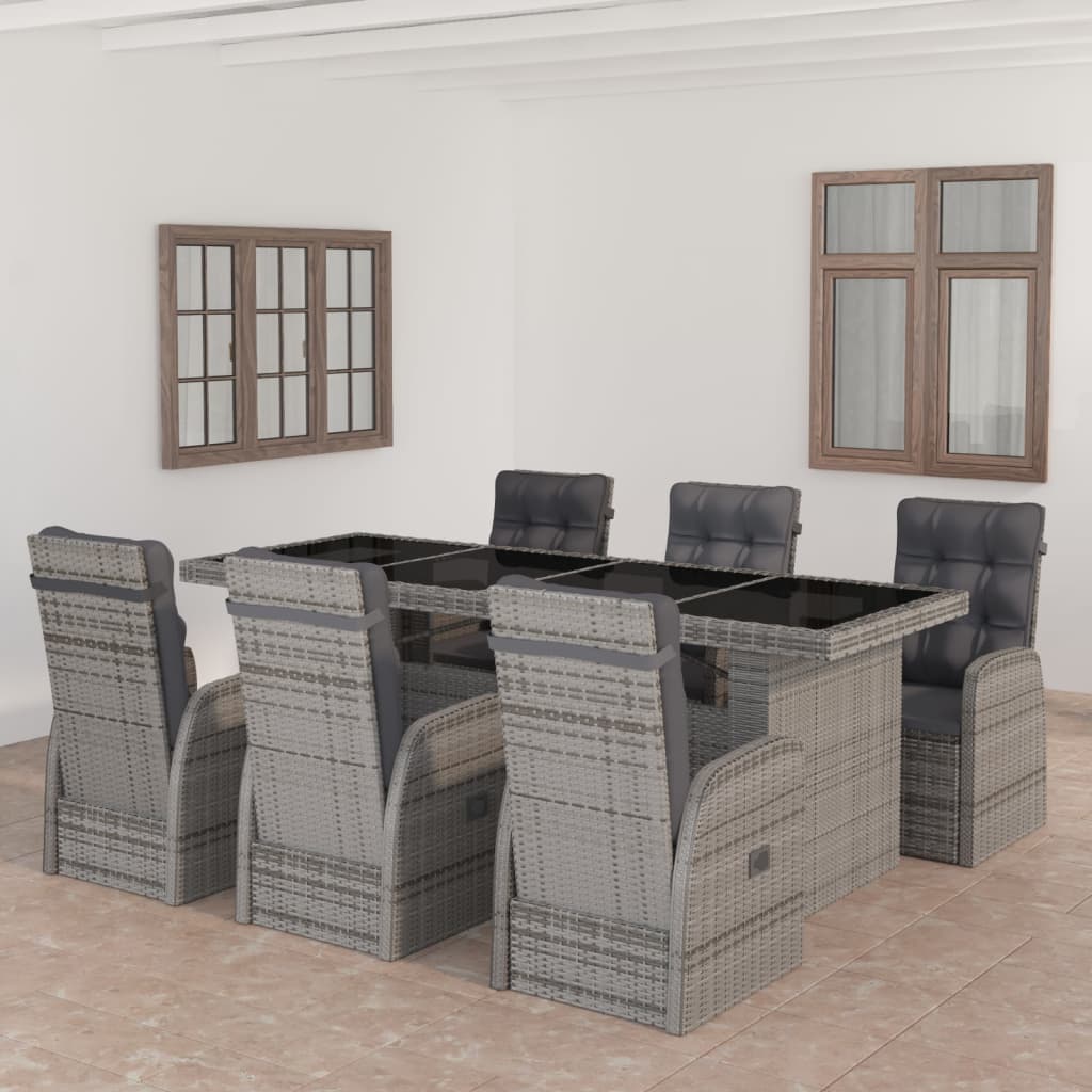 Outdoor Dining Set Grey Poly Rattan, Powder-Coated Steel, Glass