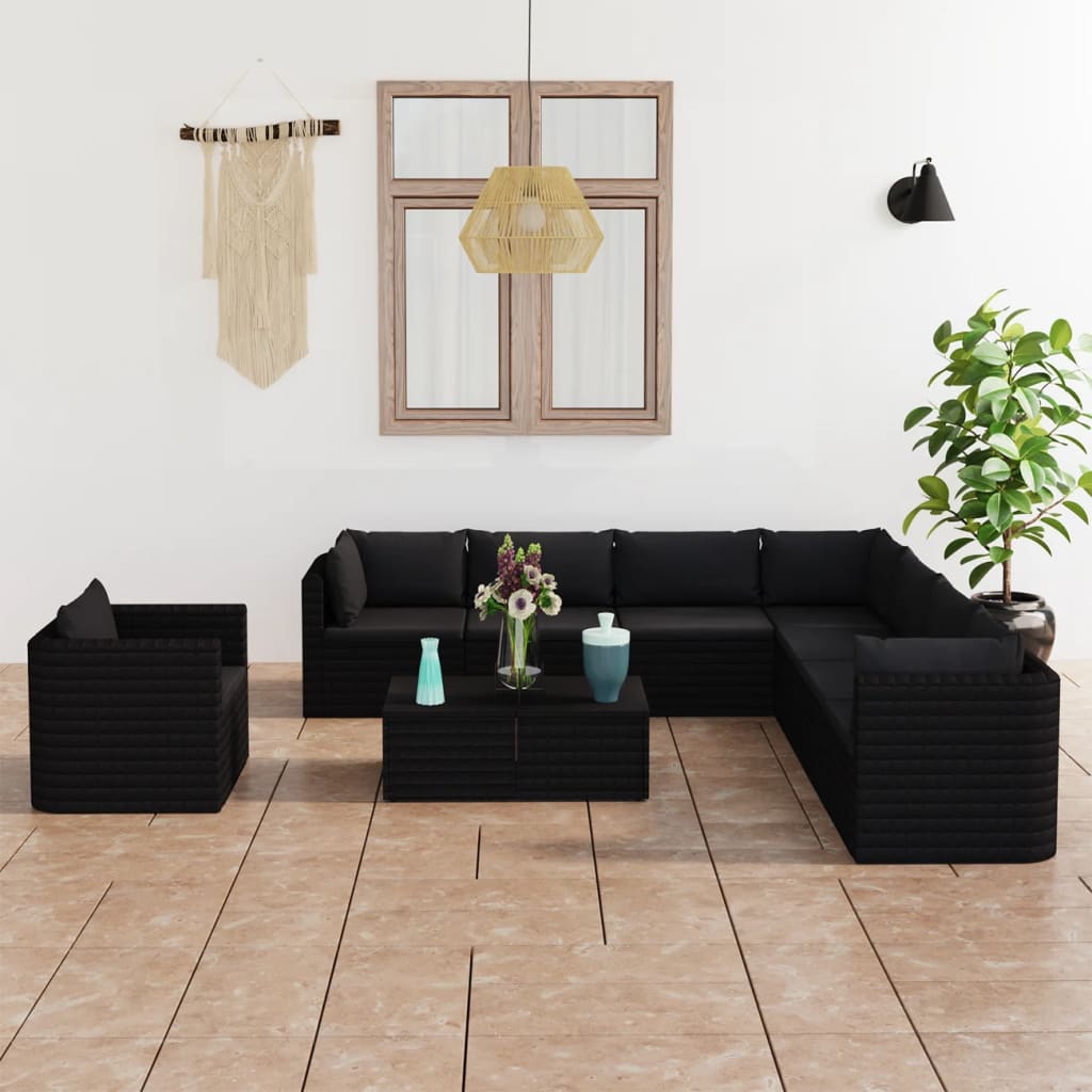 Garden Lounge Set Black Powder-coated steel, PE rattan Large