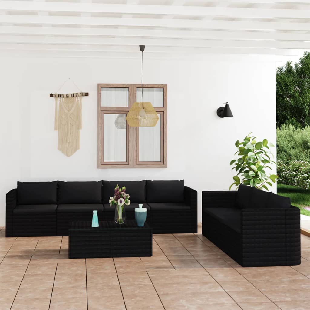 Garden Lounge Set Black Powder-coated steel, PE rattan, Polyester