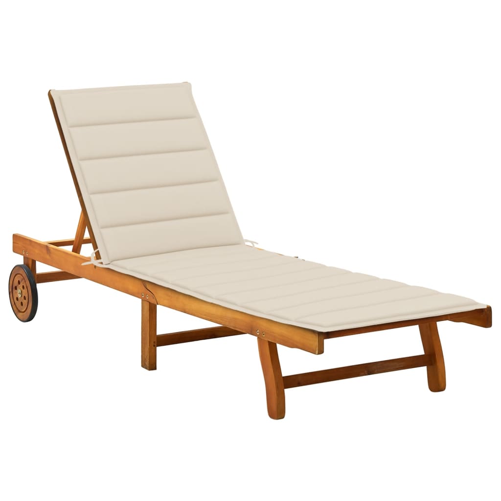 Sunlounger Natural wood colour, Beige cushion Solid acacia wood