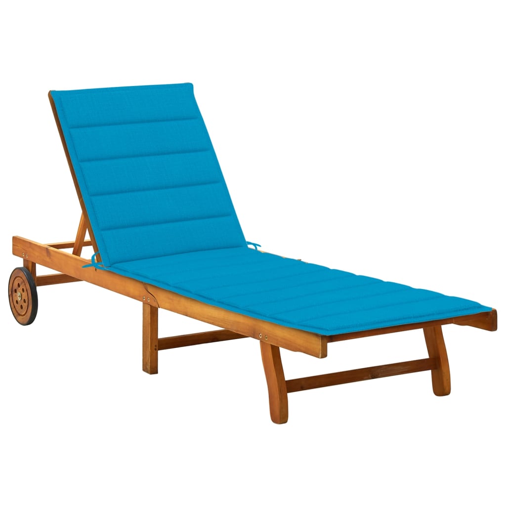 Sunlounger Natural Wood, Blue Cushion Solid Acacia Wood, Polyester