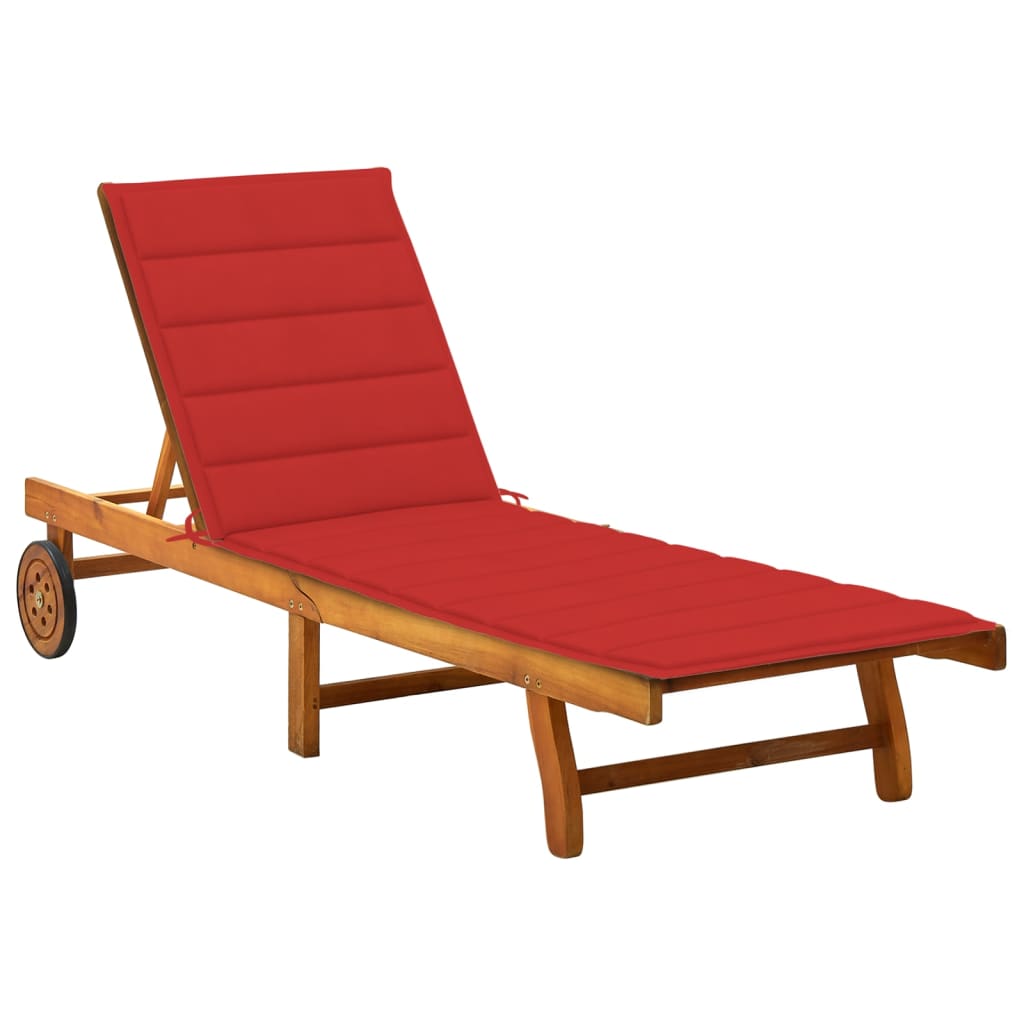 Sunlounger Brown (Wood), Red (Cushion) Solid Acacia Wood Large