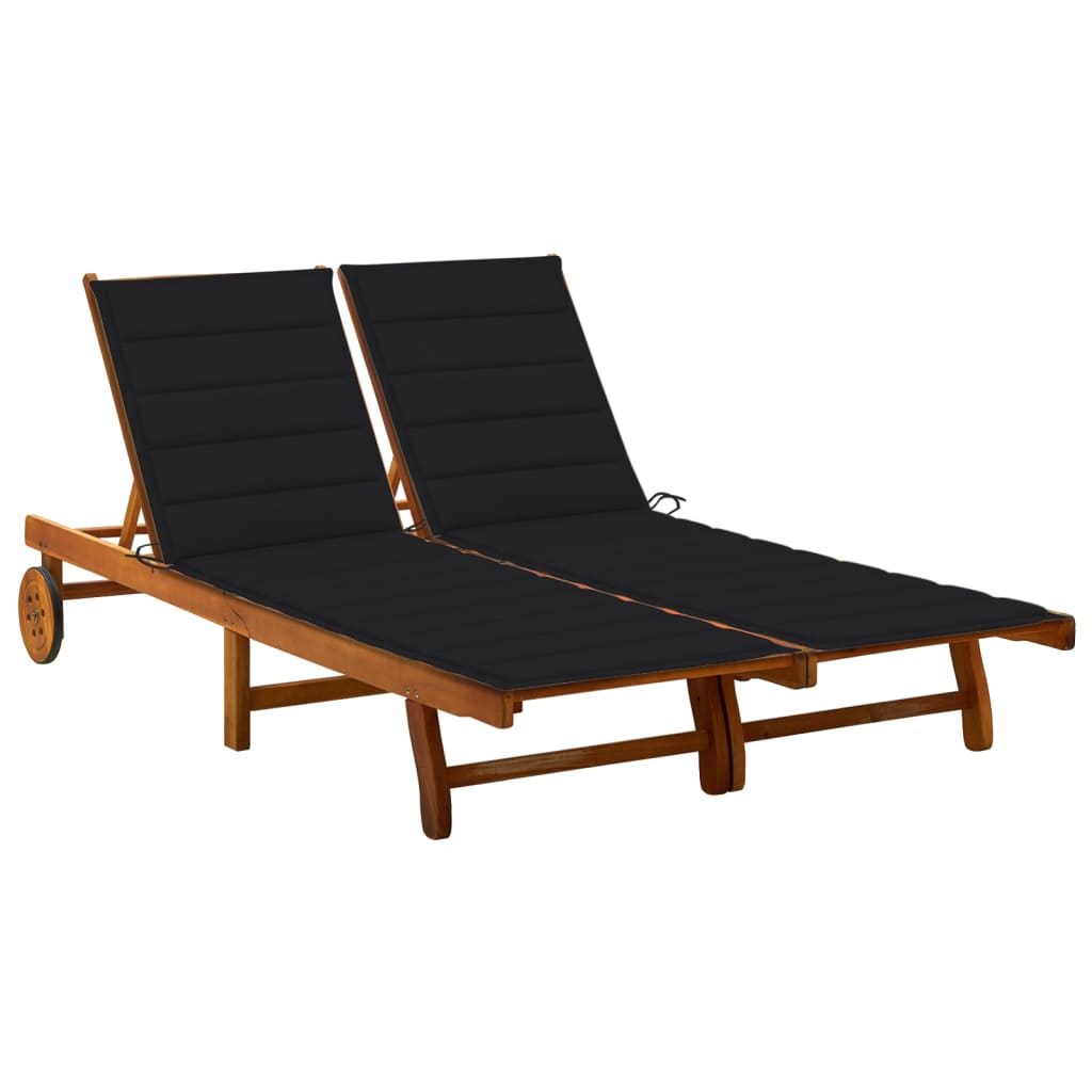 Sun Lounger Black Cushion, Natural Wood