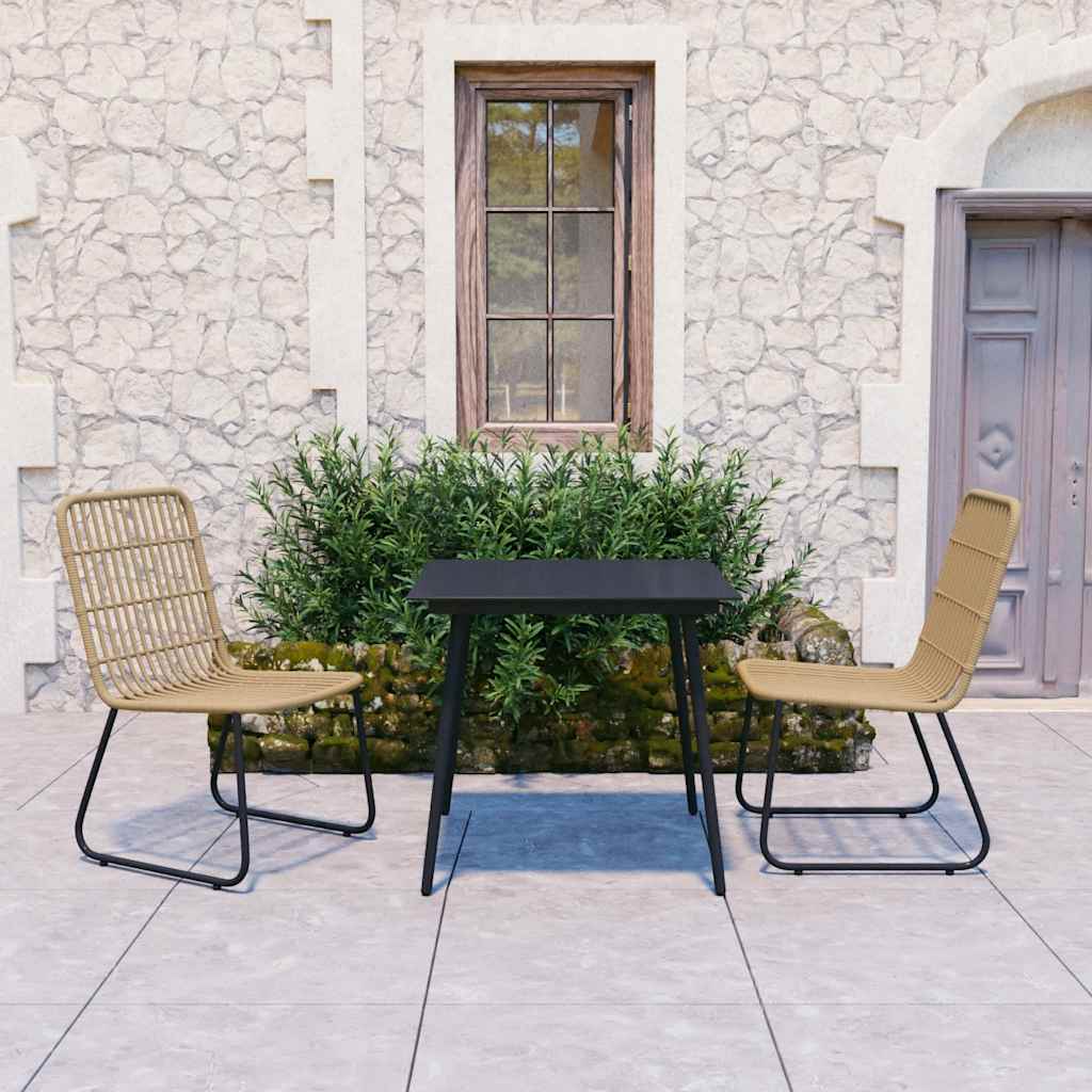 Dining Set Oak and Black Poly Rattan, Powder-Coated Steel, Glass