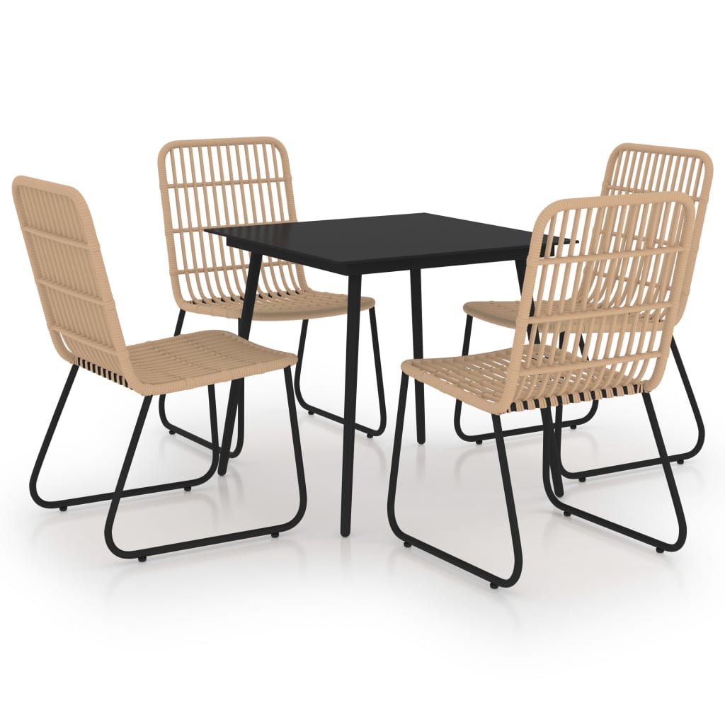 Dining Set Oak and Black Poly rattan, powder-coated steel, glass