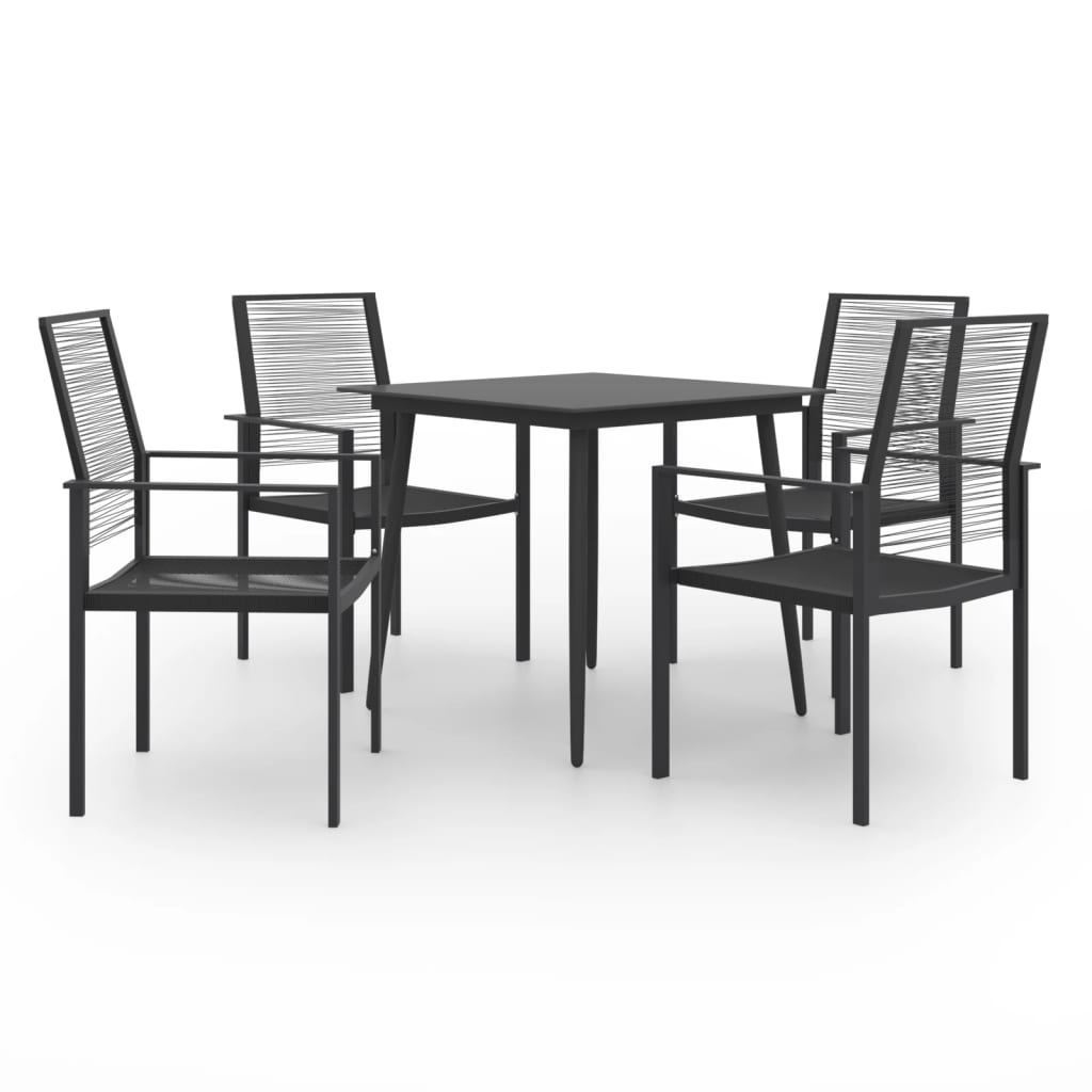 Dining Set Black Glass, Powder-Coated Steel, PVC Hollow Rattan