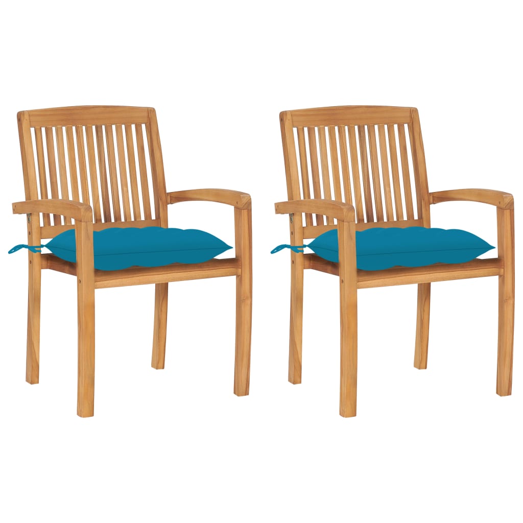 Patio Chair Set of 2 Light Blue Cushion, Teak Wood