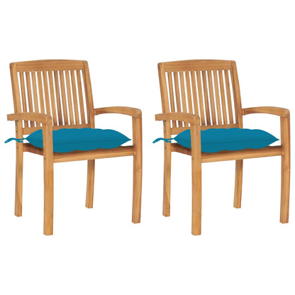 Patio Chair Set of 2 Light Blue Cushion, Teak Wood