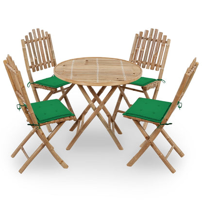 Patio Dining Set Set of 4 Natural bamboo, Green cushion